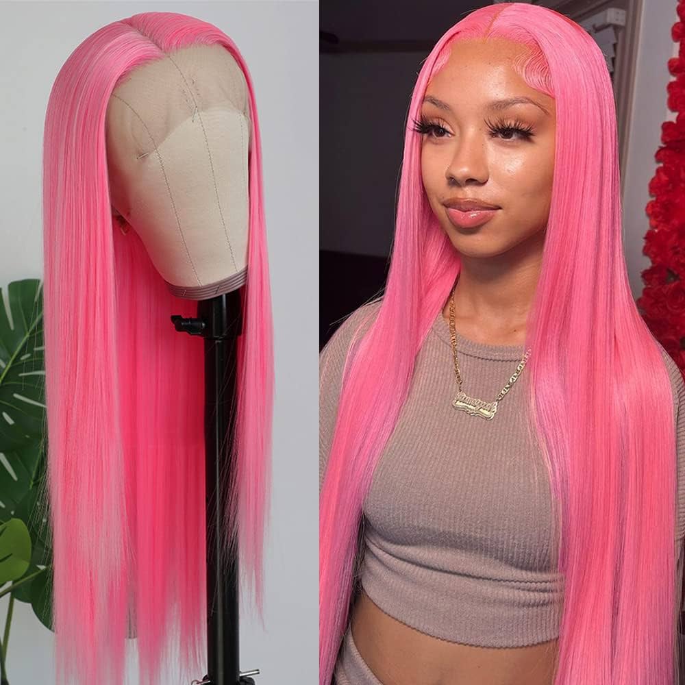 Pink straight full frontal wig