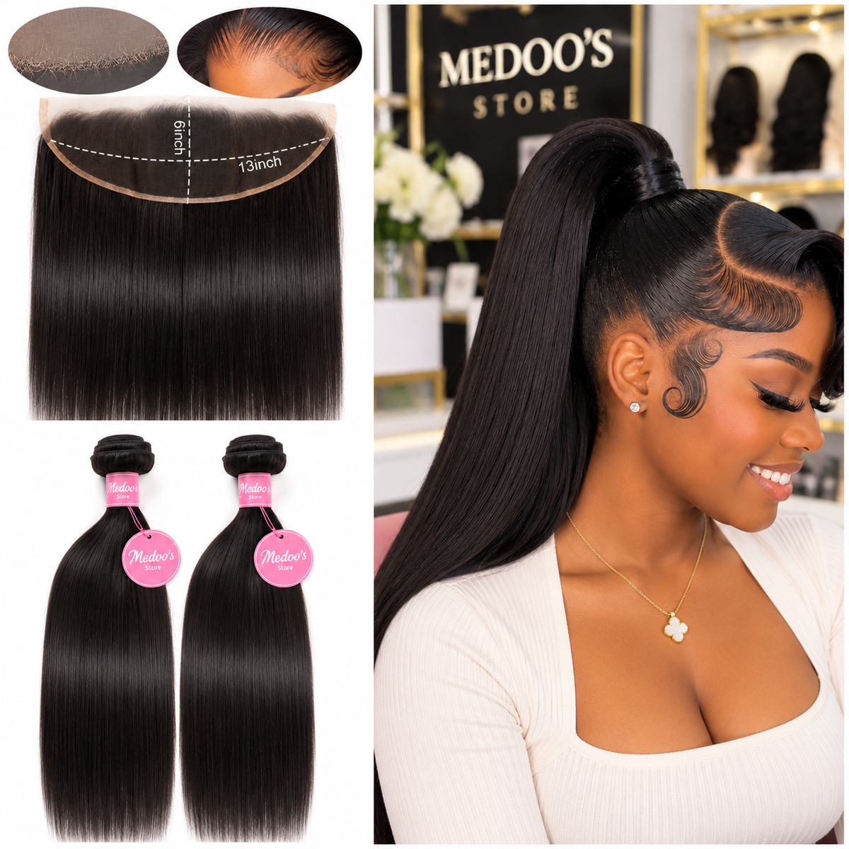 Package 2 bundles straight + 1 frontal straight HD 13x6