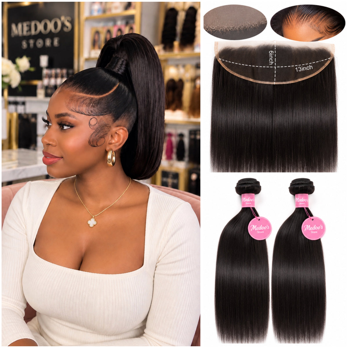 Package 2 bundles straight + 1 frontal straight HD 13x6