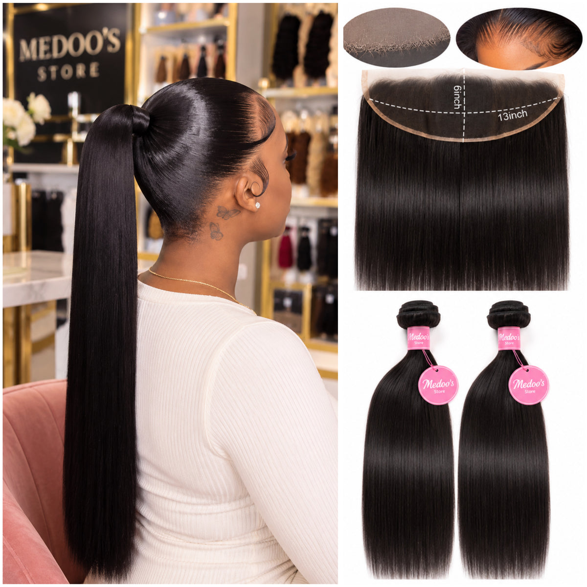 Package 2 bundles straight + 1 frontal straight HD 13x6