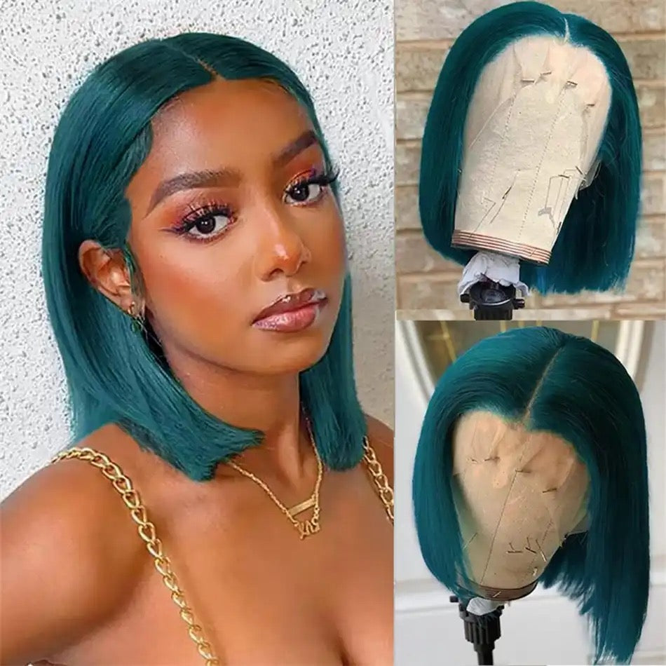 Bob wig dark green straight full frontal transparent